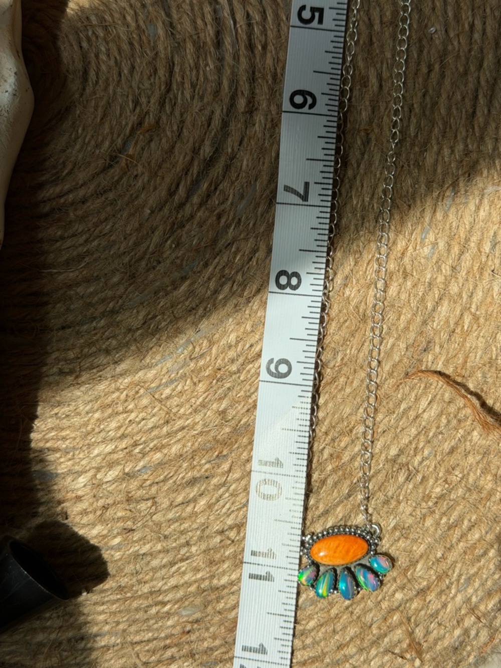 Sterling Sliver-Style Orange Spiny and Blue Opal Pendant Necklace - Picture 4 of 6